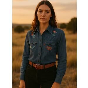 Vintage Levi's Western Denim Shirt‎ with Floral Embroidery Size Medium